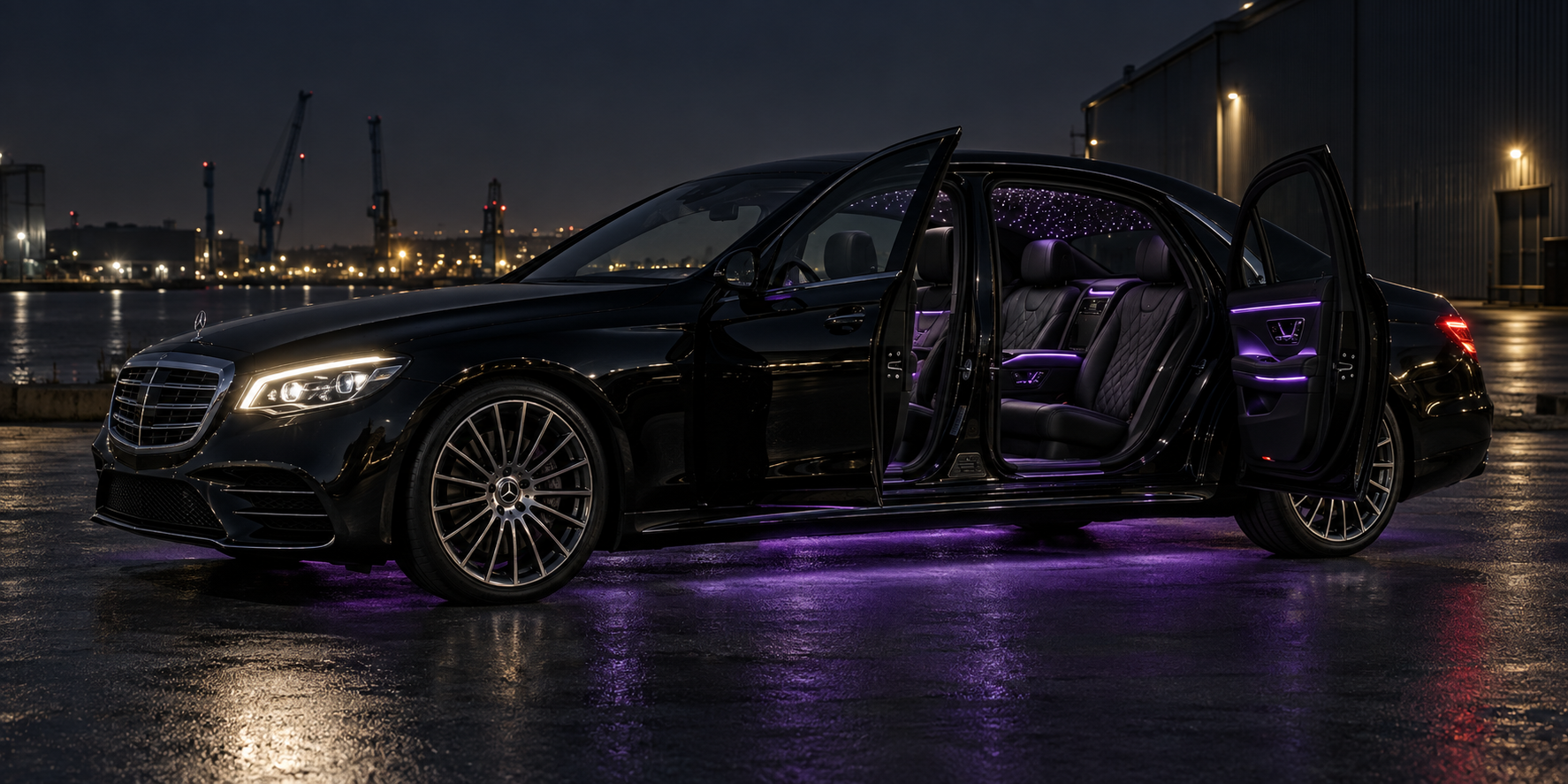 Concept: black Mercedes sedan at night with doors open, purple cabin lighting and underglow, and a white starlight ceiling