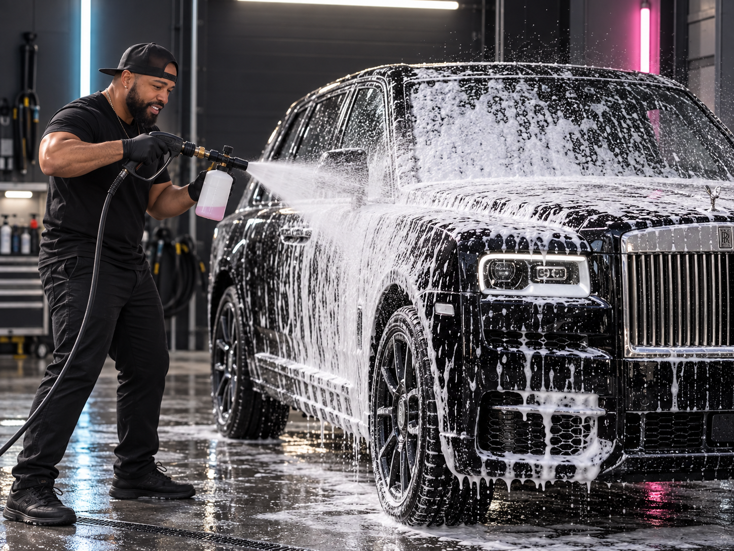 Concept: Myke using a foam cannon to wash a black Rolls Royce Cullinan