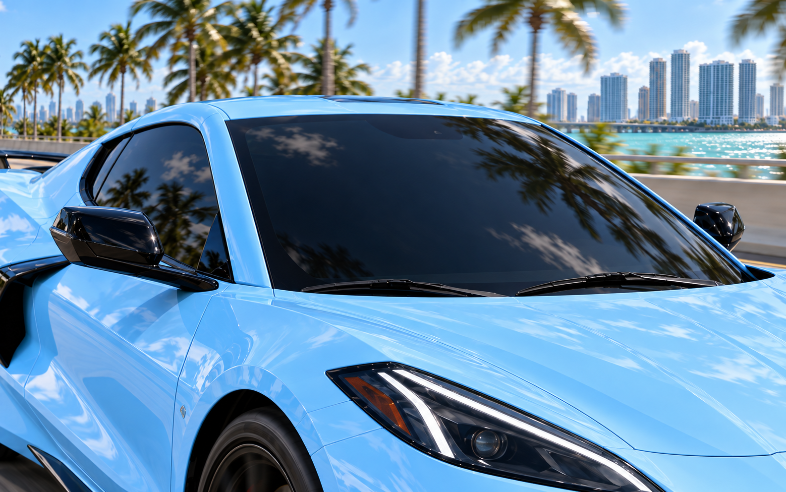 Illustrative close-up of dark tinted windows on a light blue C8 Corvette