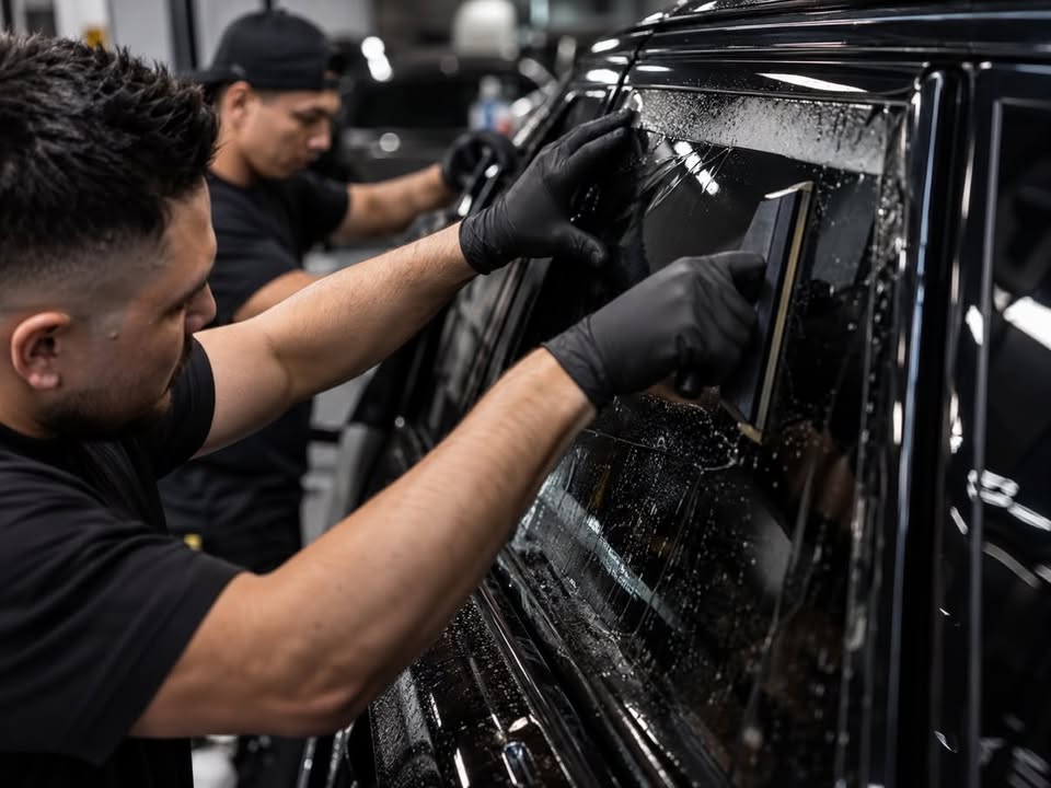 Two installers carefully applying window tint to a black vehicle
