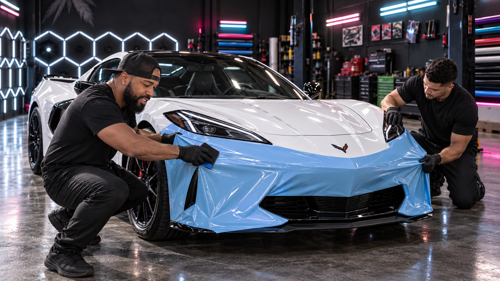 Concept: Myke and another installer fitting light blue vinyl to a white C8 Corvette front bumper