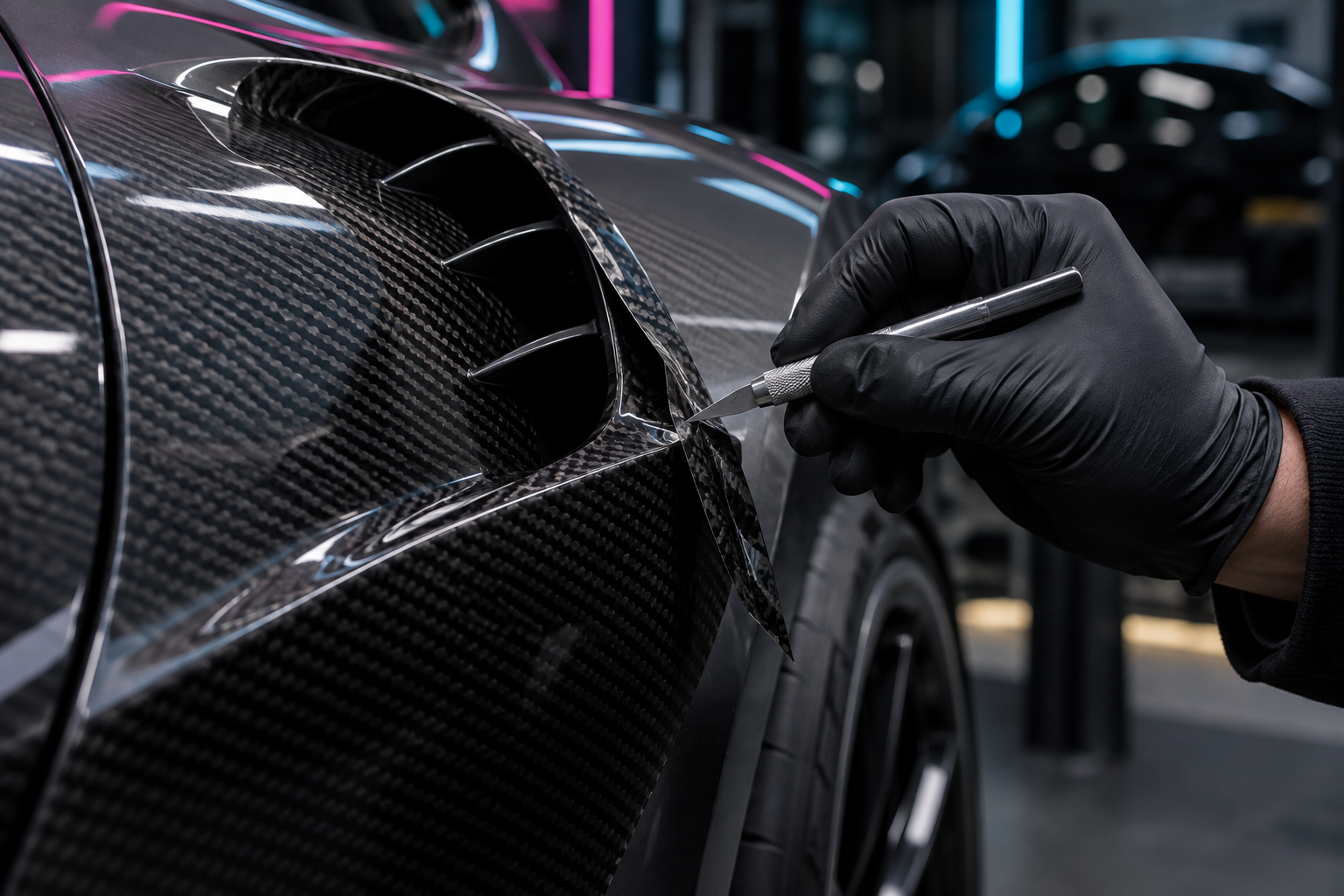 Concept close-up of carbon-look vinyl being precisely trimmed beside a fender vent